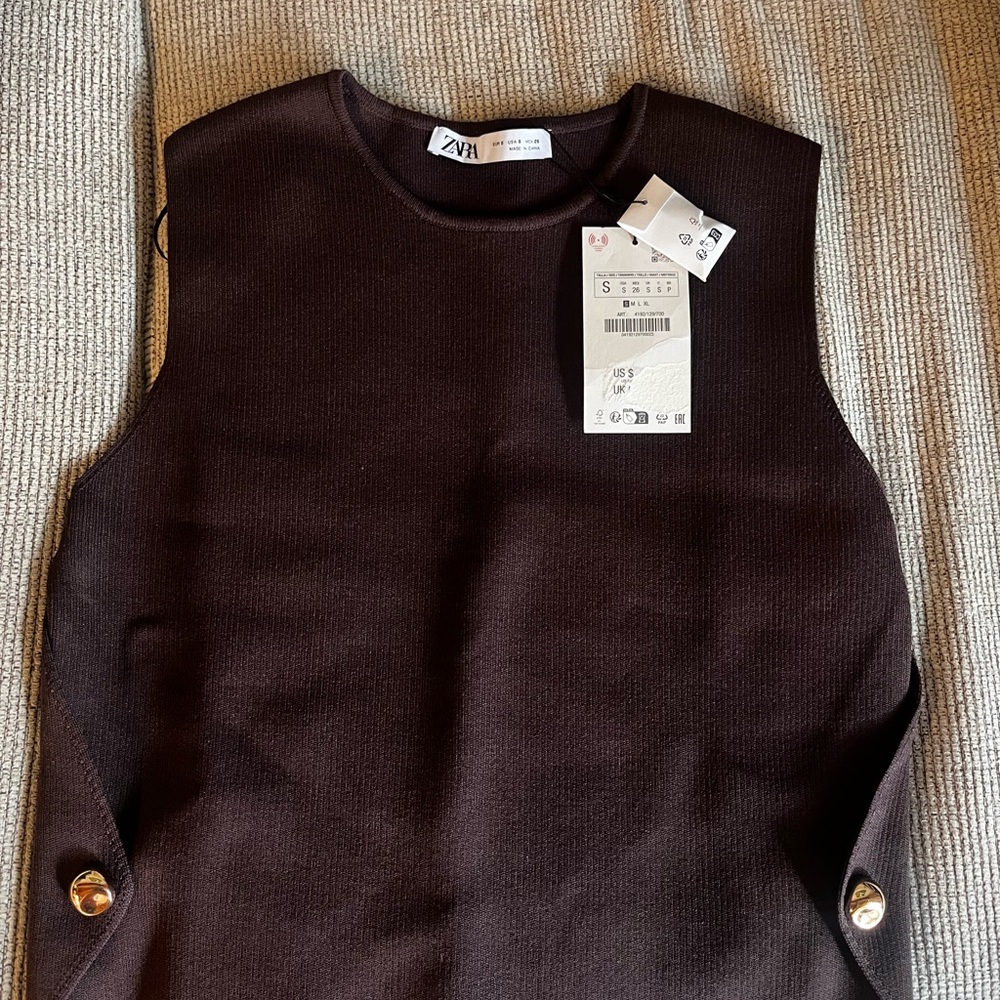 Zara Brown Sleeveless Top with Gold Buttons